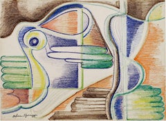 "Art Deco Bird #688, " Color Crayon Drawing stamped signature Sylvia Spicuzza