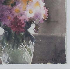 Contemporary female artist still life watercolor painting vase flowers signed