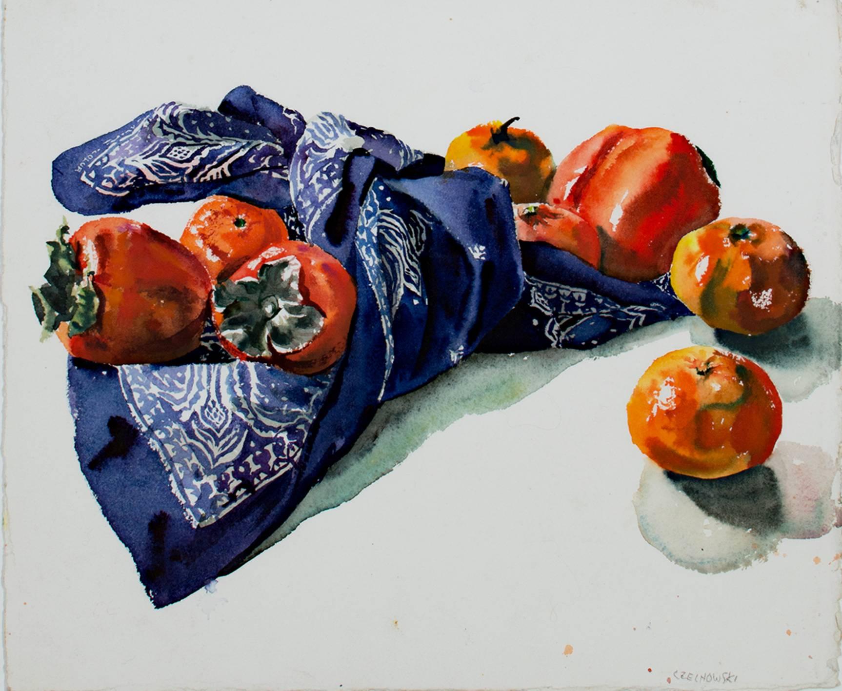 "Persimmons, Tangerines & Blue Kerchief," Watercolor signed by Alicia Czechowski
