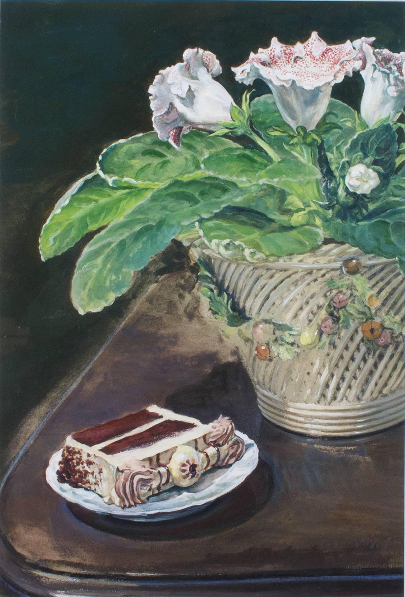 "Gloxinia & Slice of Torte," Gouache Still Life by Alicia Czechowski