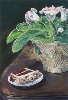 Artista contemporánea mujer bodegón pintura gouache jarrón flores firmado