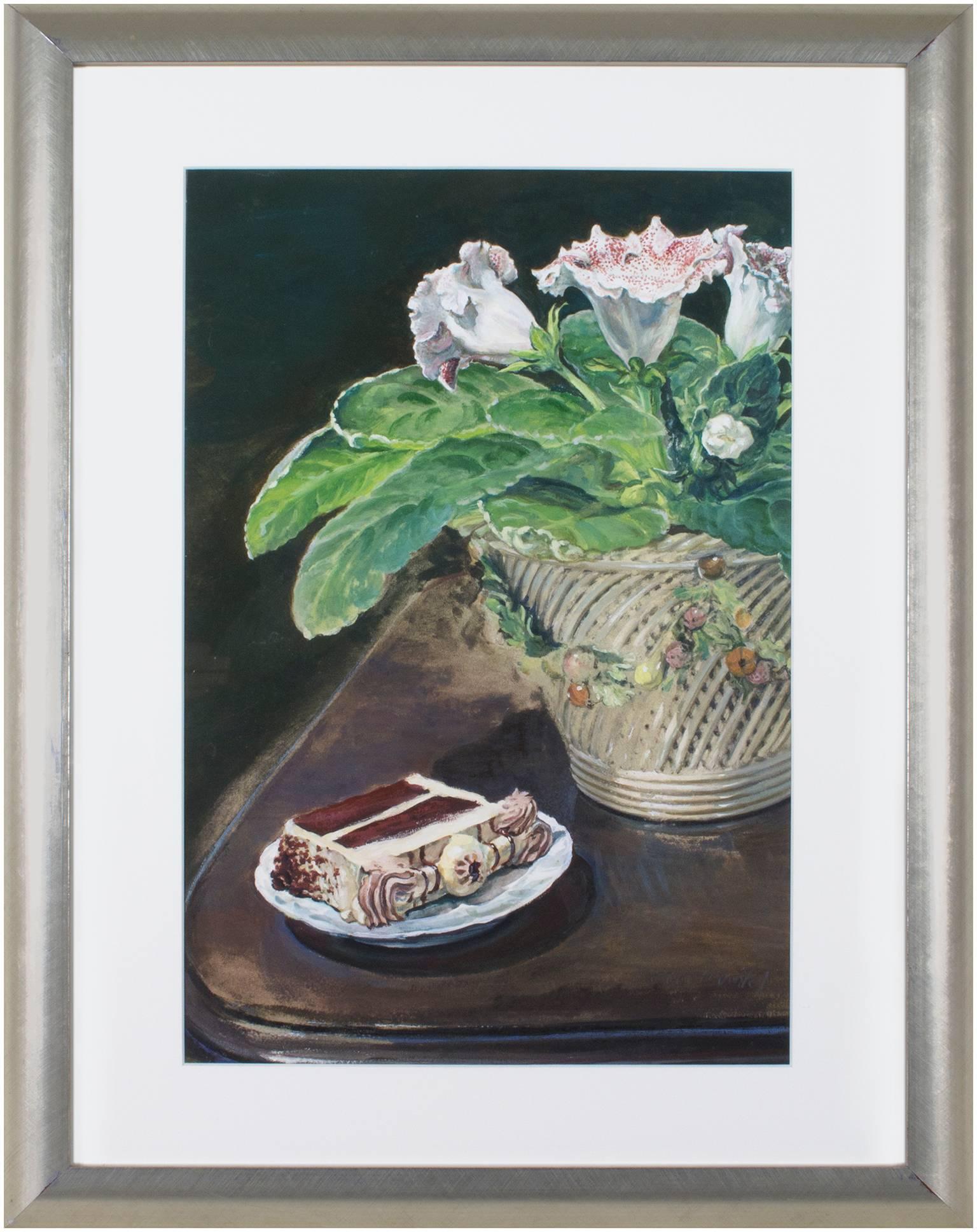 Femme artiste contemporaine nature morte peinture gouache vase fleurs signé en vente 1