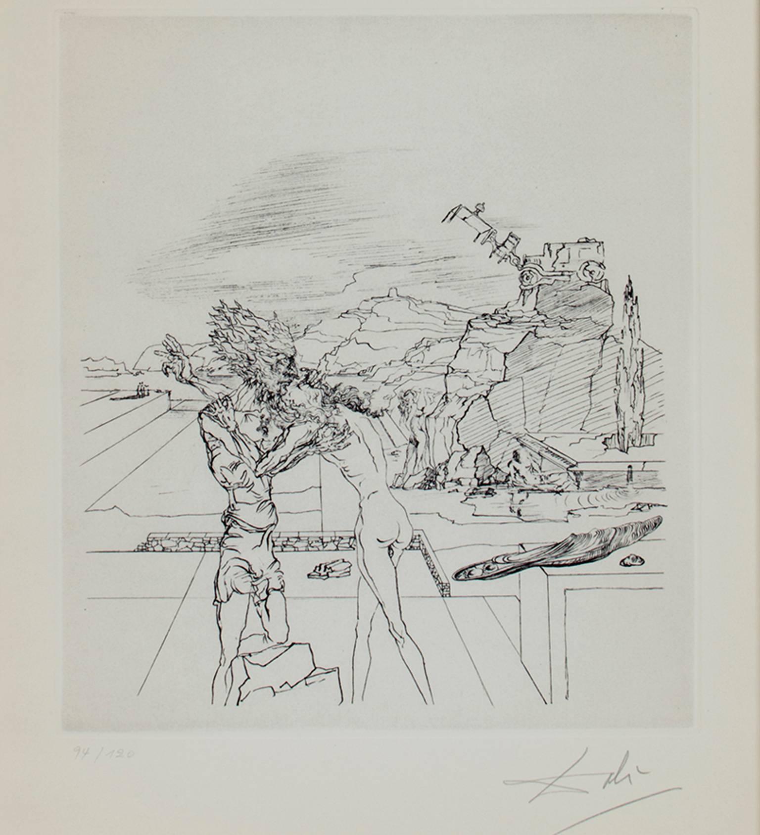 Salvador Dalí Figurative Print - "Surrealist Sunday, " Heliogravure, engraved after the drawing, signed by Dali