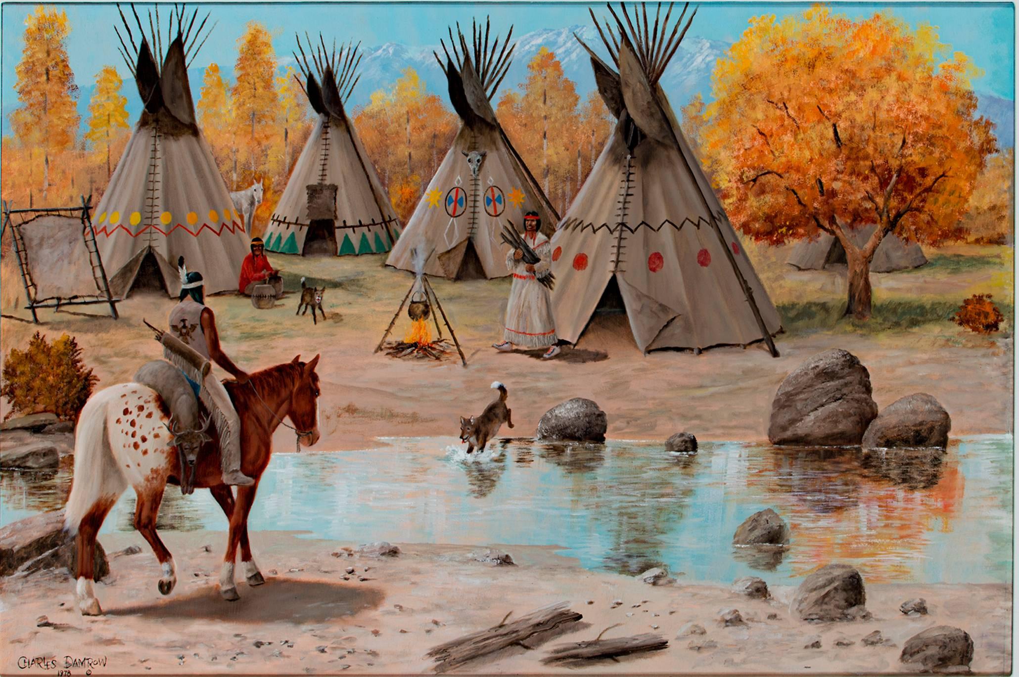 Charles Damrow Figurative Painting - Native American Nature Village Community Western 1970's Animals Seasons Signed