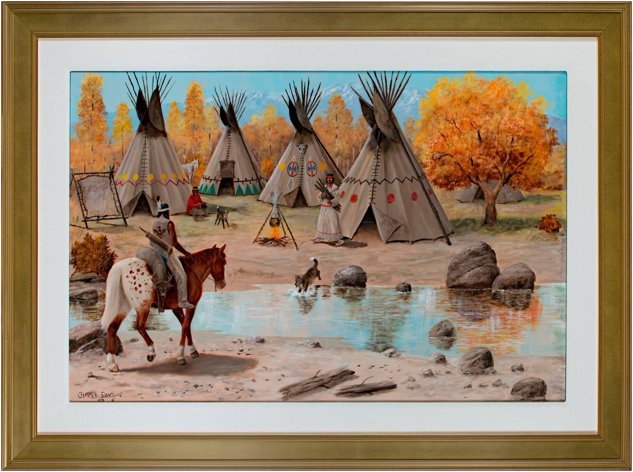 Native American Nature Village Community Western 1970's Animals Seasons Signed - American Impressionist Painting by Charles Damrow