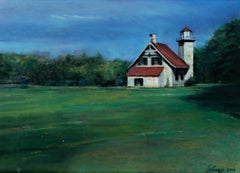 Paisaje contemporáneo pastel faro escena pastoral campo hierba cielo firmado