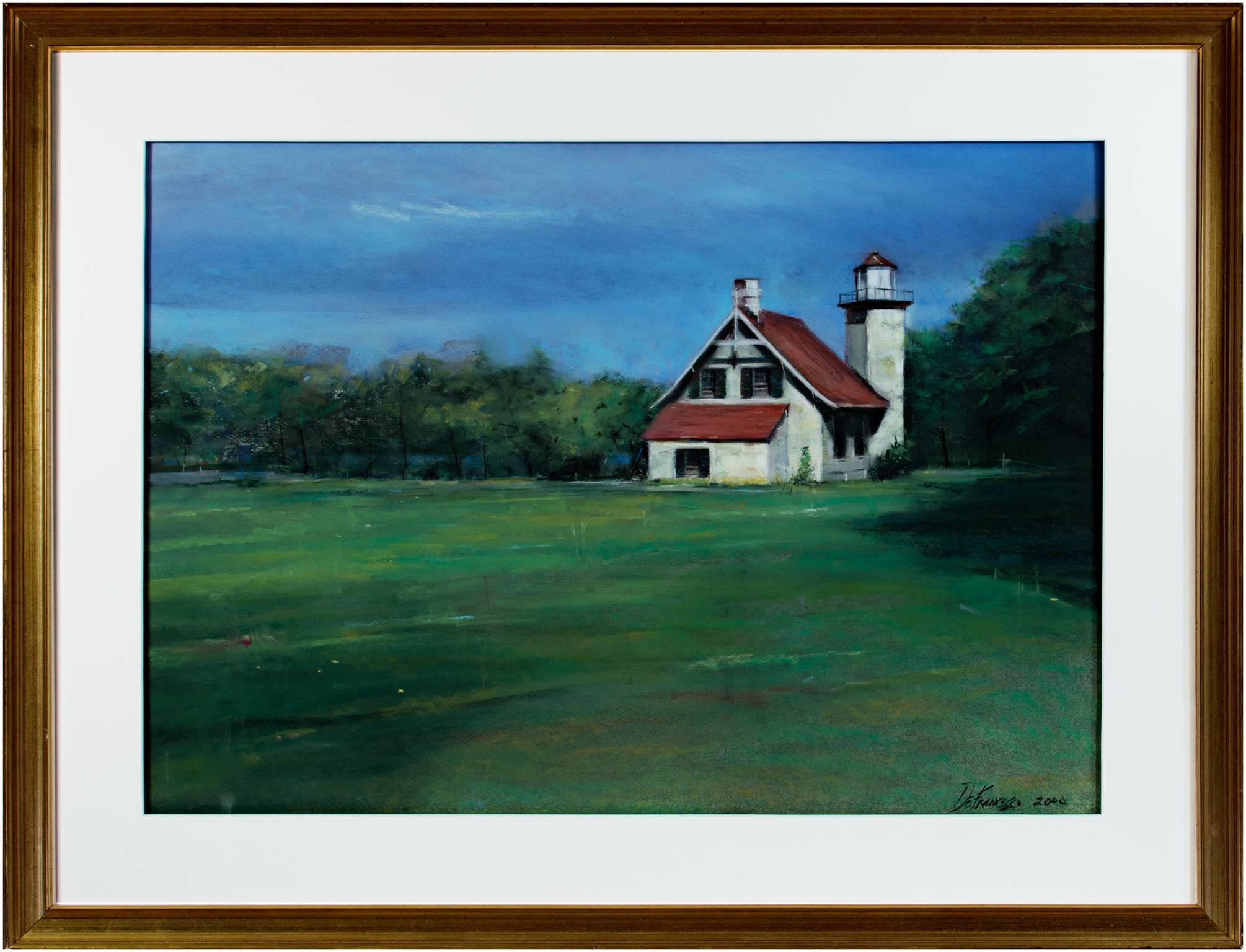Paysage contemporain pastel phare scène pastorale champ herbe ciel signé en vente 2