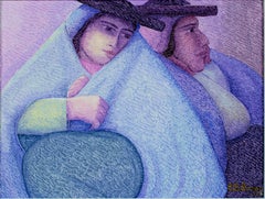 "Dos Primas (Two Cousins), " Oil on Jute signed by Ernesto Gutierrez