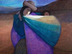 Used Contemporary figurative textured oil painting mother and child colorful signed