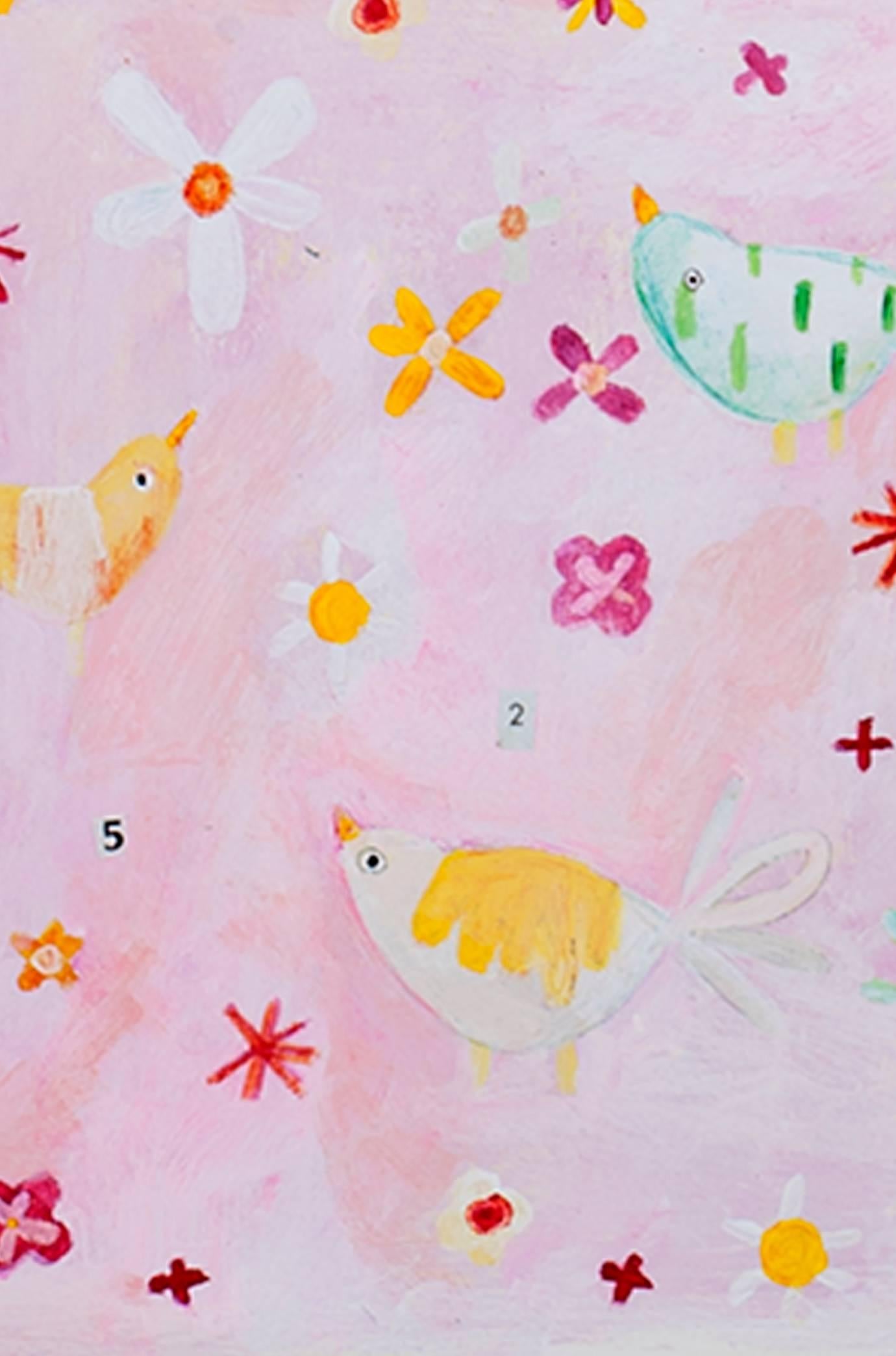 Espressionista contemporaneo albero uccelli colorati uova di Pasqua rosa giallo firmato in vendita 1