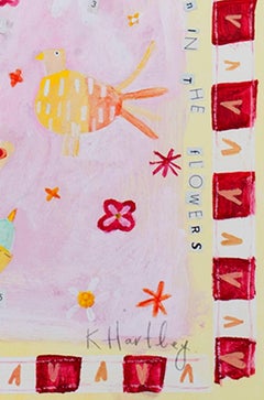 Contemporary expressionist tree birds colorful easter eggs pink yellow signed