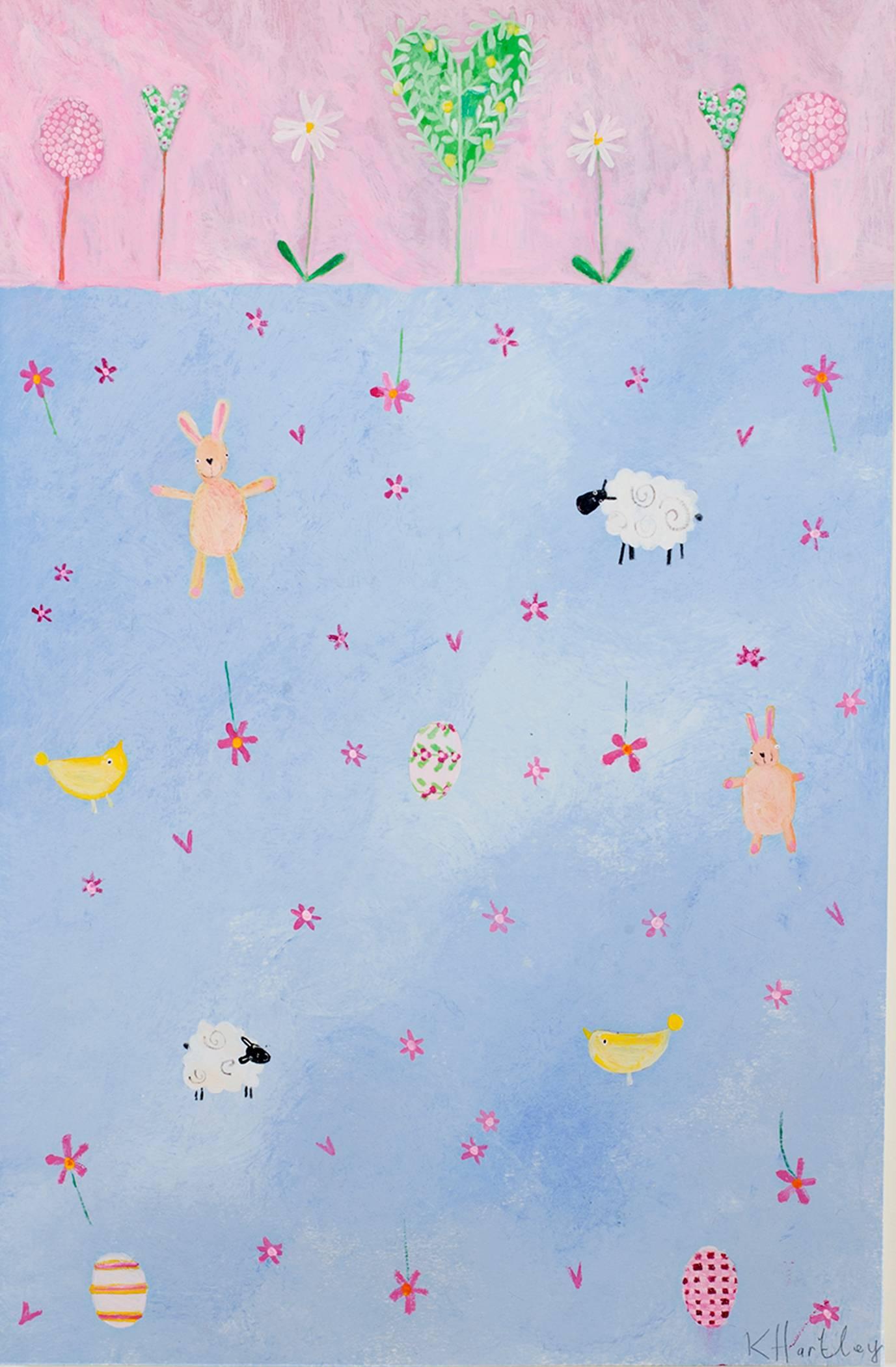 "Dulces sueños KMH 042" es una obra original en acrílico y técnica mixta de Katherine Hartley. El artista firmó la obra en la parte inferior derecha. Esta pieza representa una variedad de pequeños animales en un campo de flores azules y rosas. 

18