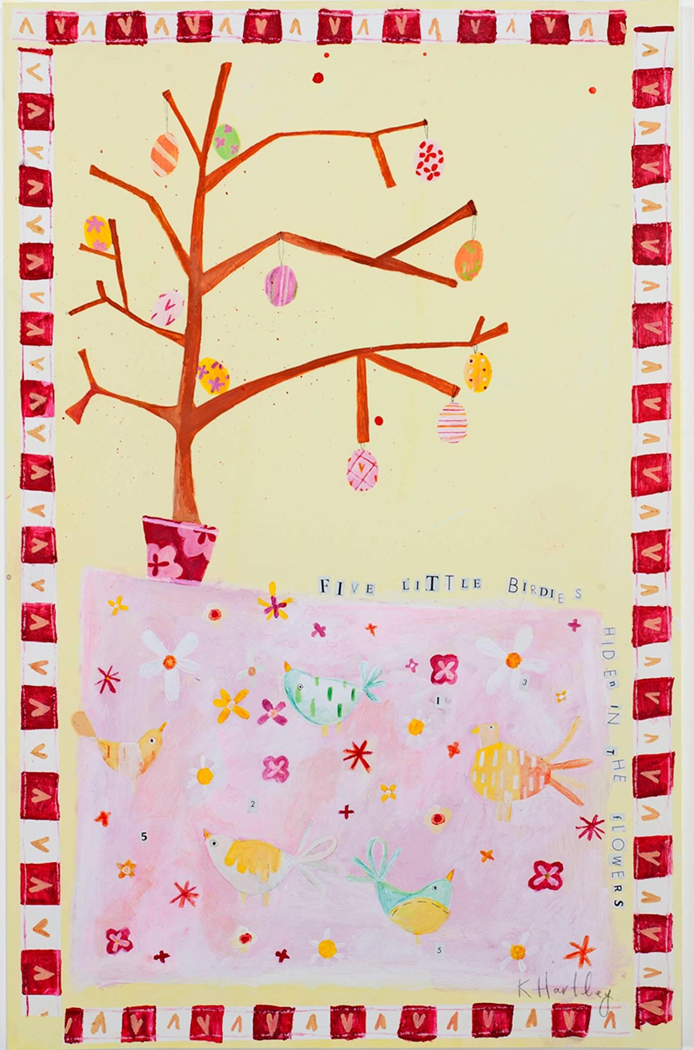 "Five Little Birdies Hidden in the Flowers KMH 37" Mixed Media signed by Hartley - Painting by Katherine Hartley