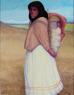 "Apache Mother & Child," Oil on Jute signed by Ernesto Gutierrez