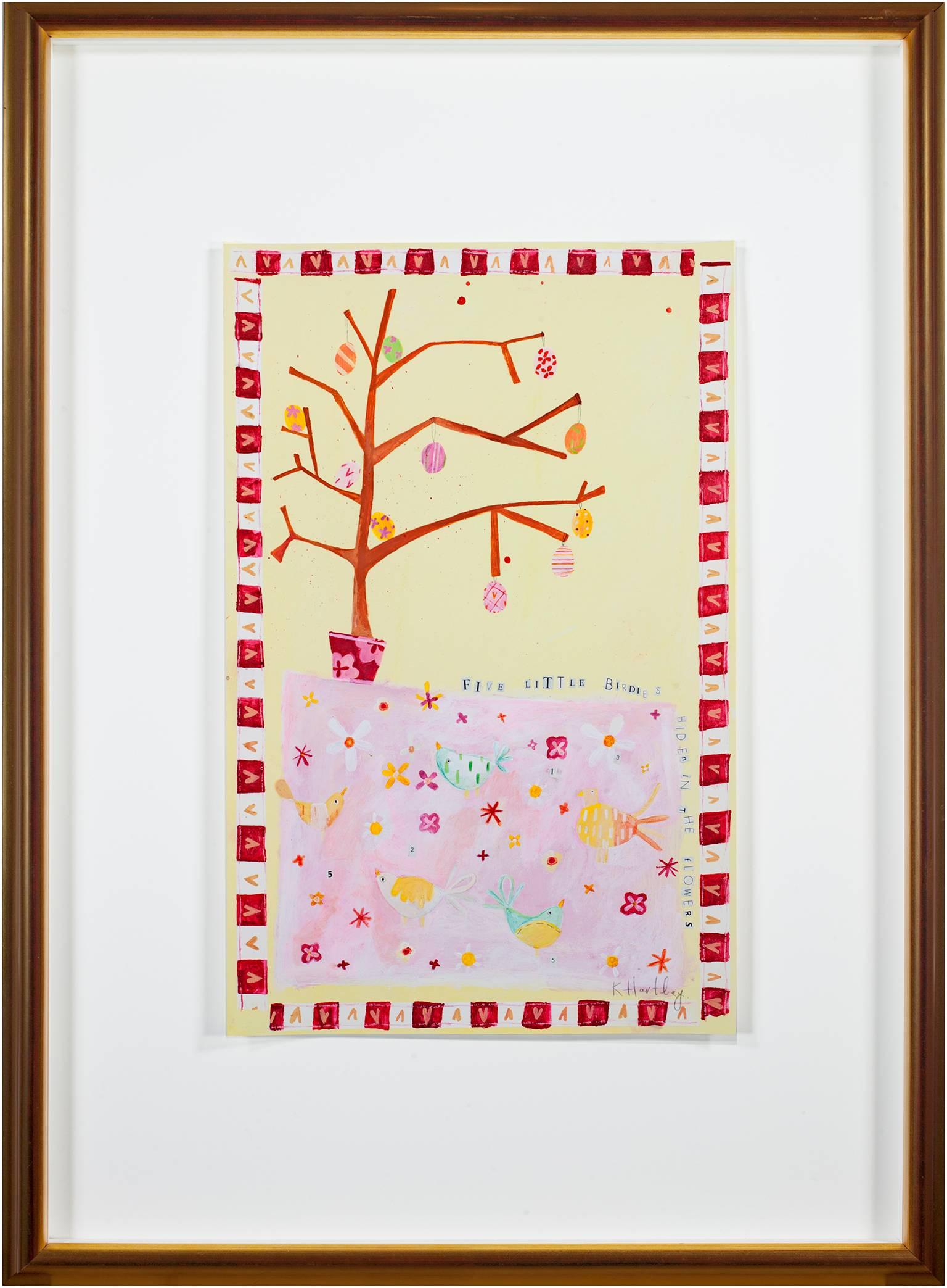 Espressionista contemporaneo albero uccelli colorati uova di Pasqua rosa giallo firmato in vendita 4