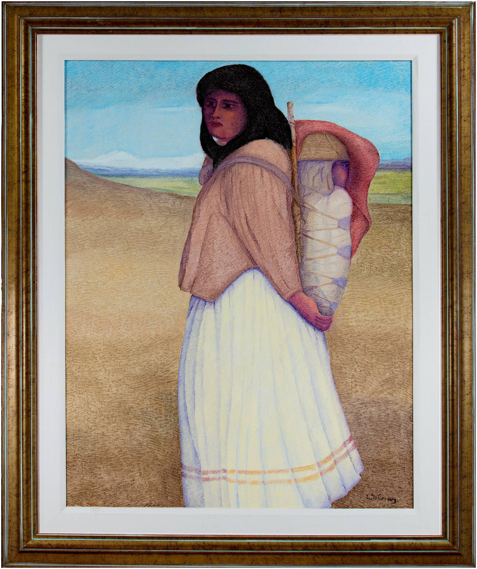 Contemporary figurative textured oil painting mother and child colorful signed - Gray Figurative Painting by Ernesto Gutierrez (b.1941)