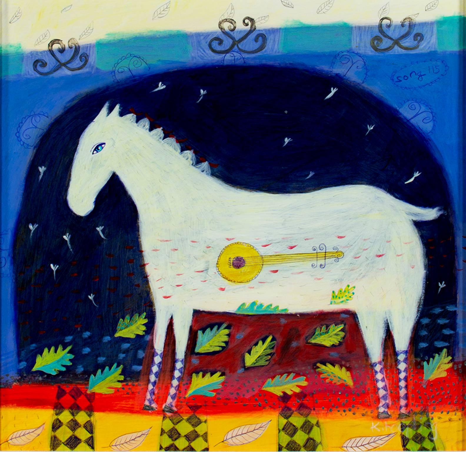 Karen Hoepting Animal Painting - "Song 115" Acrylic on Paper Expressionist Horse & Bango signed by Karen Hopeting