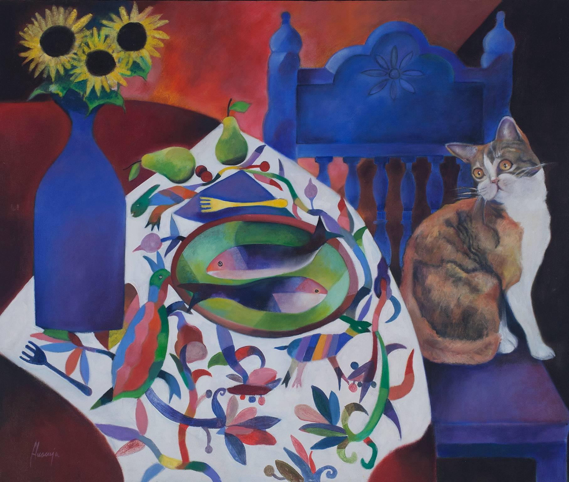 "El Gato" est une peinture à l'huile originale sur toile de Paco Huacuja. L'artiste a signé le tableau en bas à gauche. Cette peinture représente un chat à côté d'une nature morte avec des poissons, des tournesols, des poires et un service de