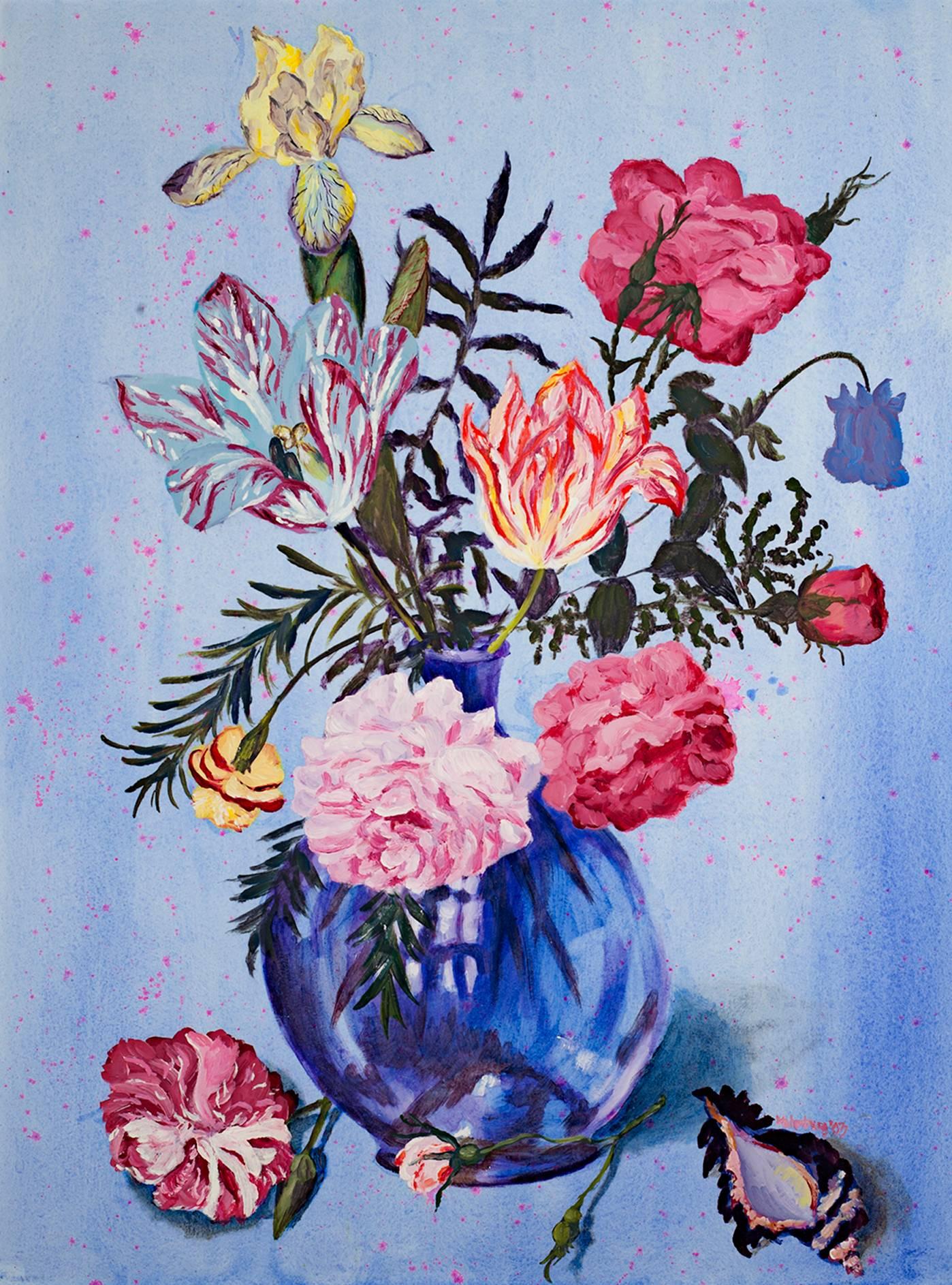 "Assortment of Flowers in Blue Vase," Mixed Media signed by Catherine Holmburg