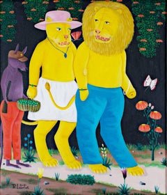 Vintage "Mr. 
Mrs. Lion, " Oil on Canvas signed by Philton Latortue