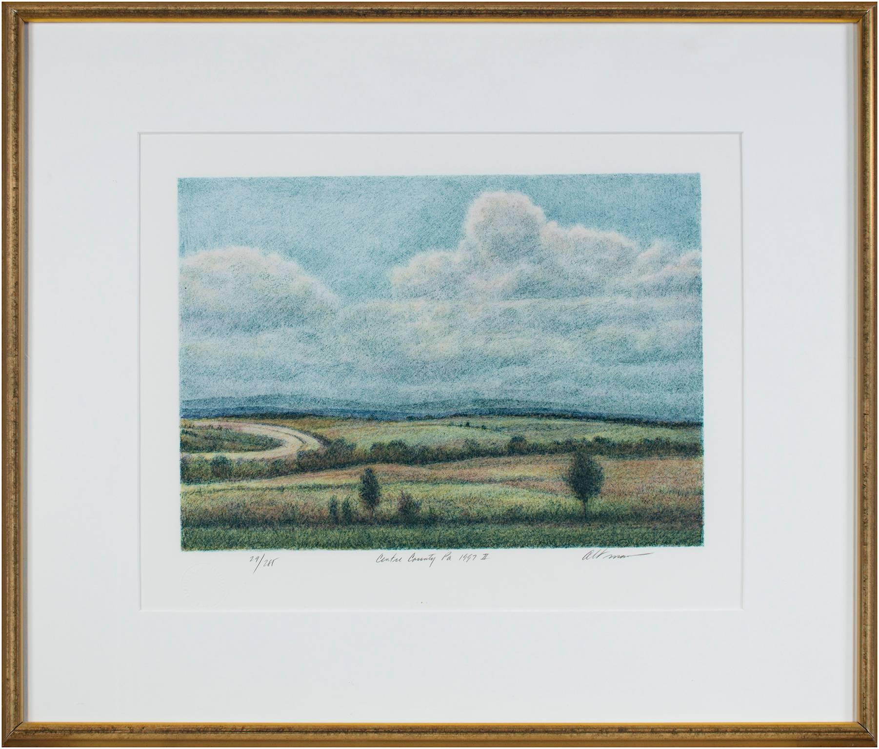  Contemporary color lithograph landscape field grass outdoor scene signed For Sale 3
