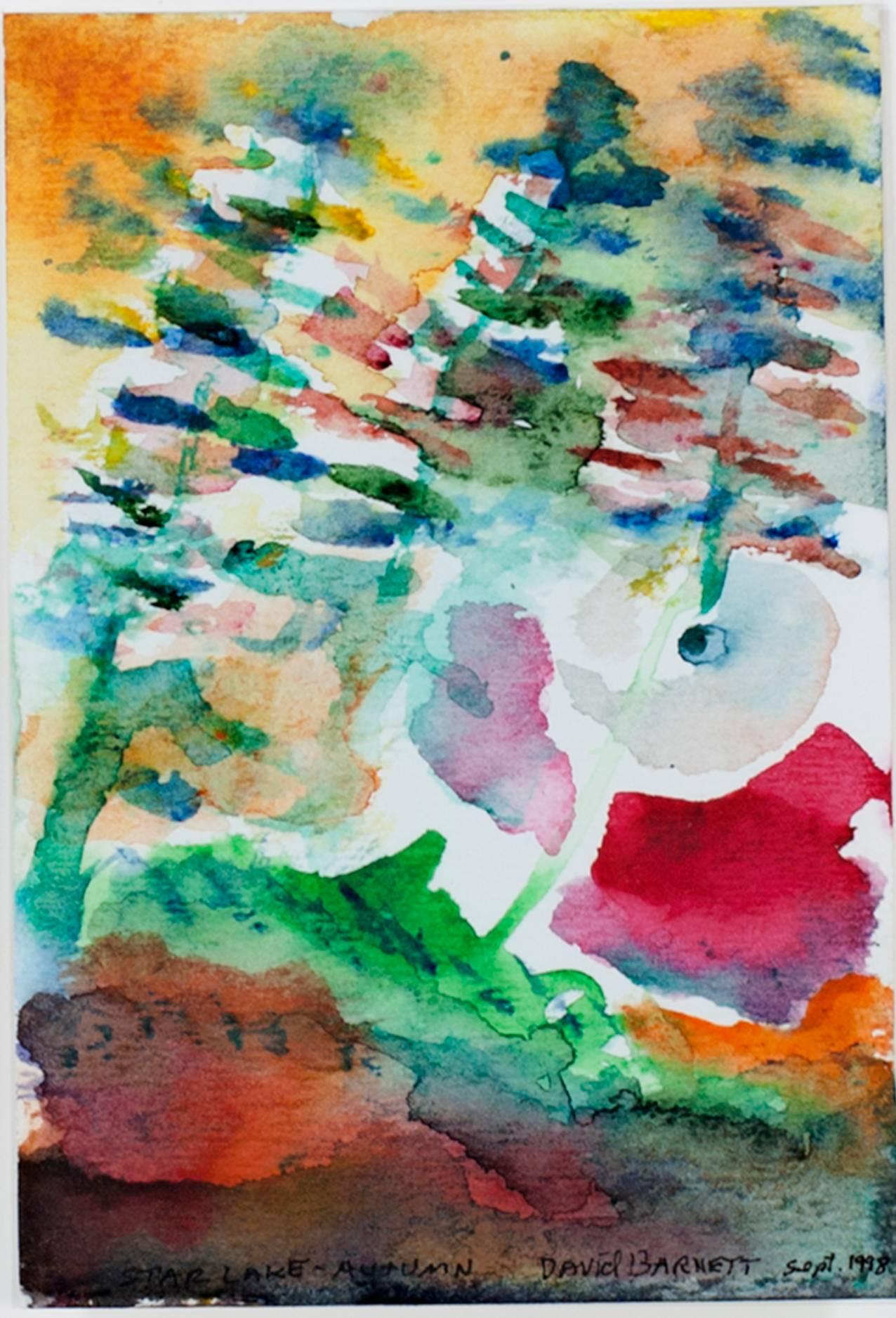 "Star Lake Autumn" ist ein Original-Aquarell von David Barnett. Es zeigt den Blick auf einen See durch einige Bäume. Der Künstler hat das Gemälde unten rechts signiert. 

6" x 4" Kunst
12" x 10 1/8" Rahmen

David Barnett, Künstler, Sammler,