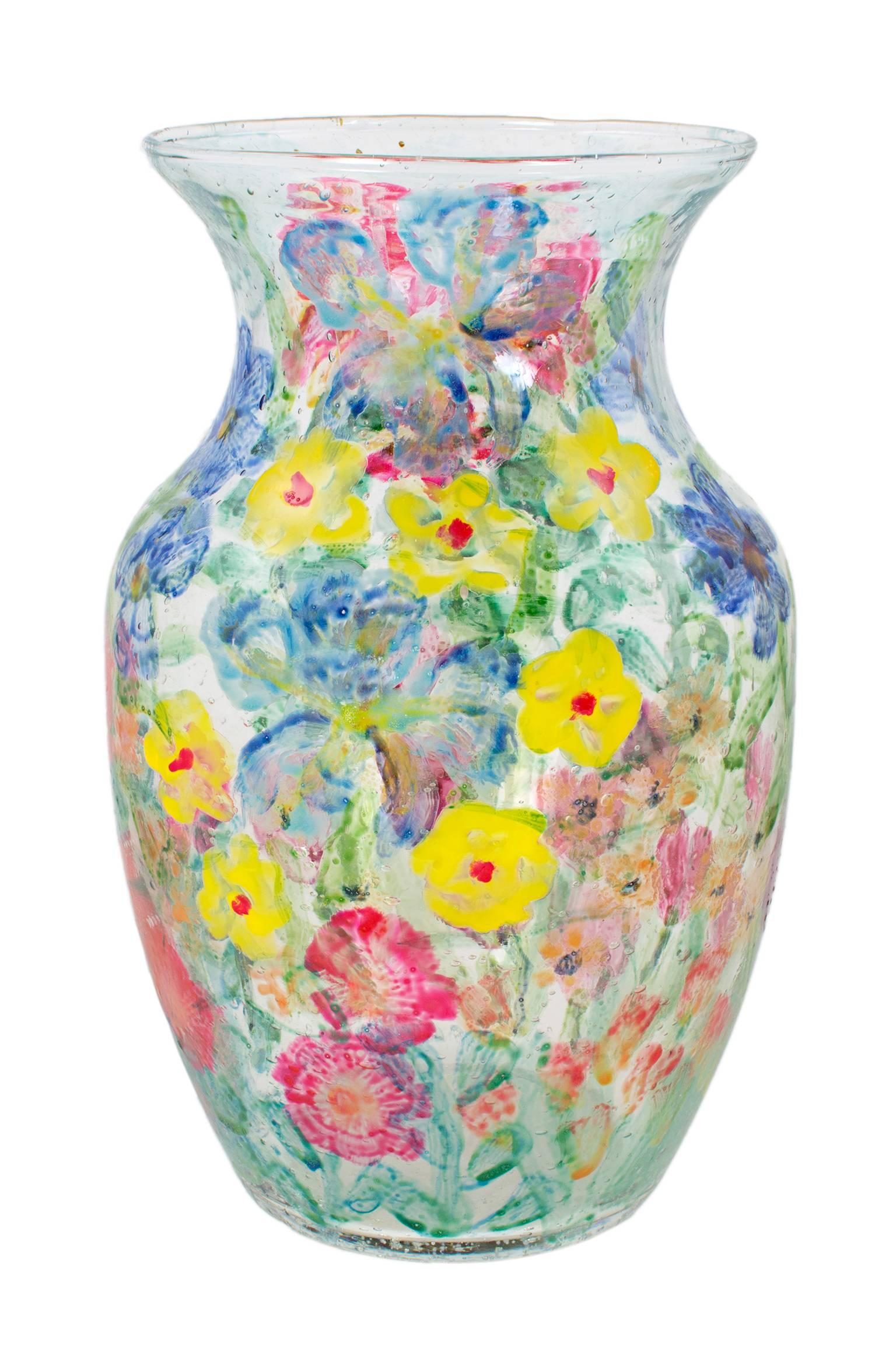 "Vase-Summer Flowers I, " Colorful Hand Painted Glass signed by David Barnett