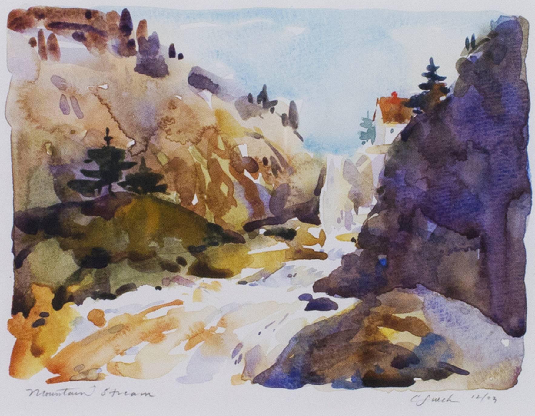 "Mountain Stream" is an original watercolor painting on Holbein watercolor paper by Craig Lueck. These petite watercolors that make up Lueck's portfolio serve as windows into the artist's world. Scenery from his travels to Colorado and Italy are