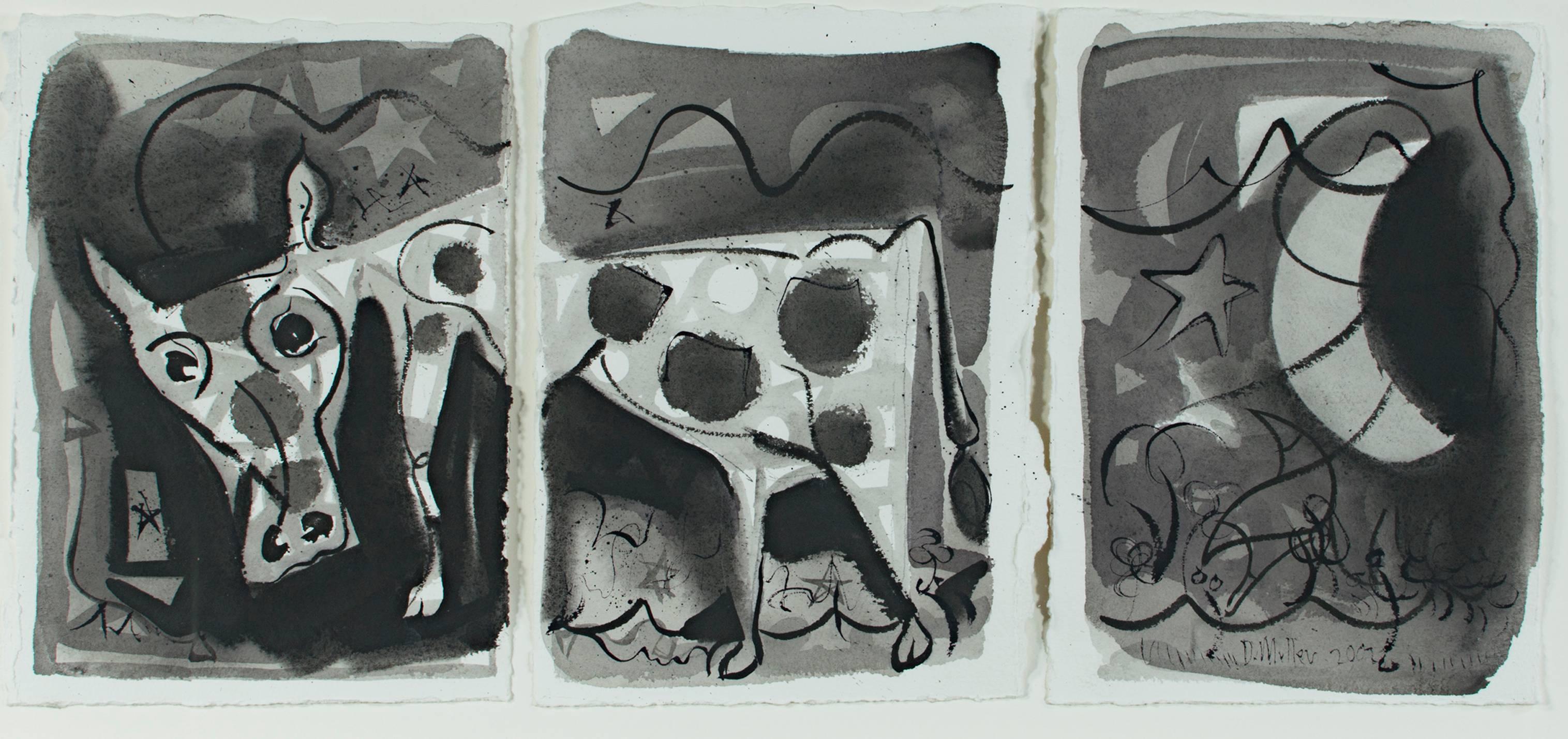 "Algo así como una vaca" es un dibujo/pintura original a tinta de Dan Muller. Está dividido en tres papeles separados. Los papeles de la izquierda y del centro representan la mitad delantera y trasera de una vaca. El tercer papel representa la luna