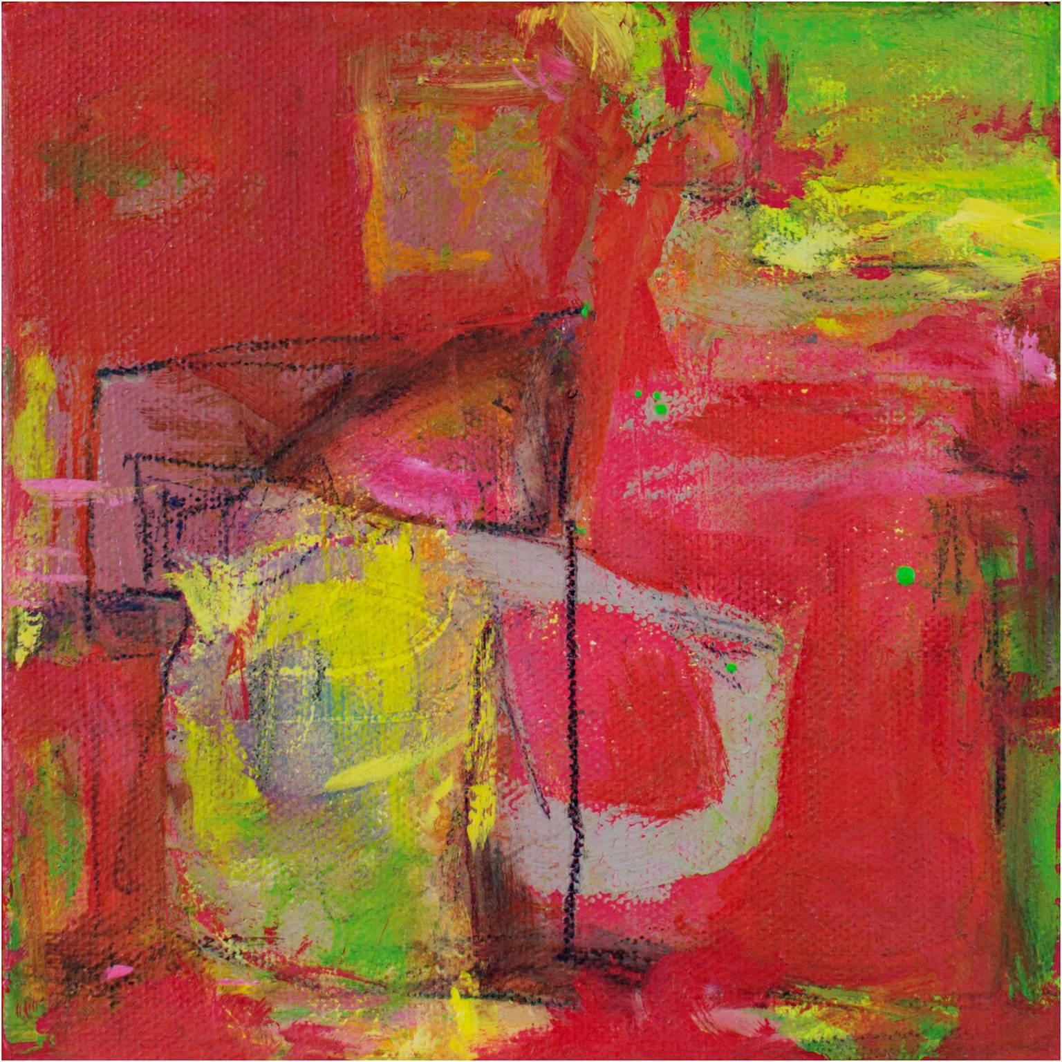 "Jam Session II" is an original oil painting on canvas by Alayna Rose. This painting features a variety of abstract marks in bright green and yellow over a bright pink background. The David Barnett Gallery has the other two paintings in this