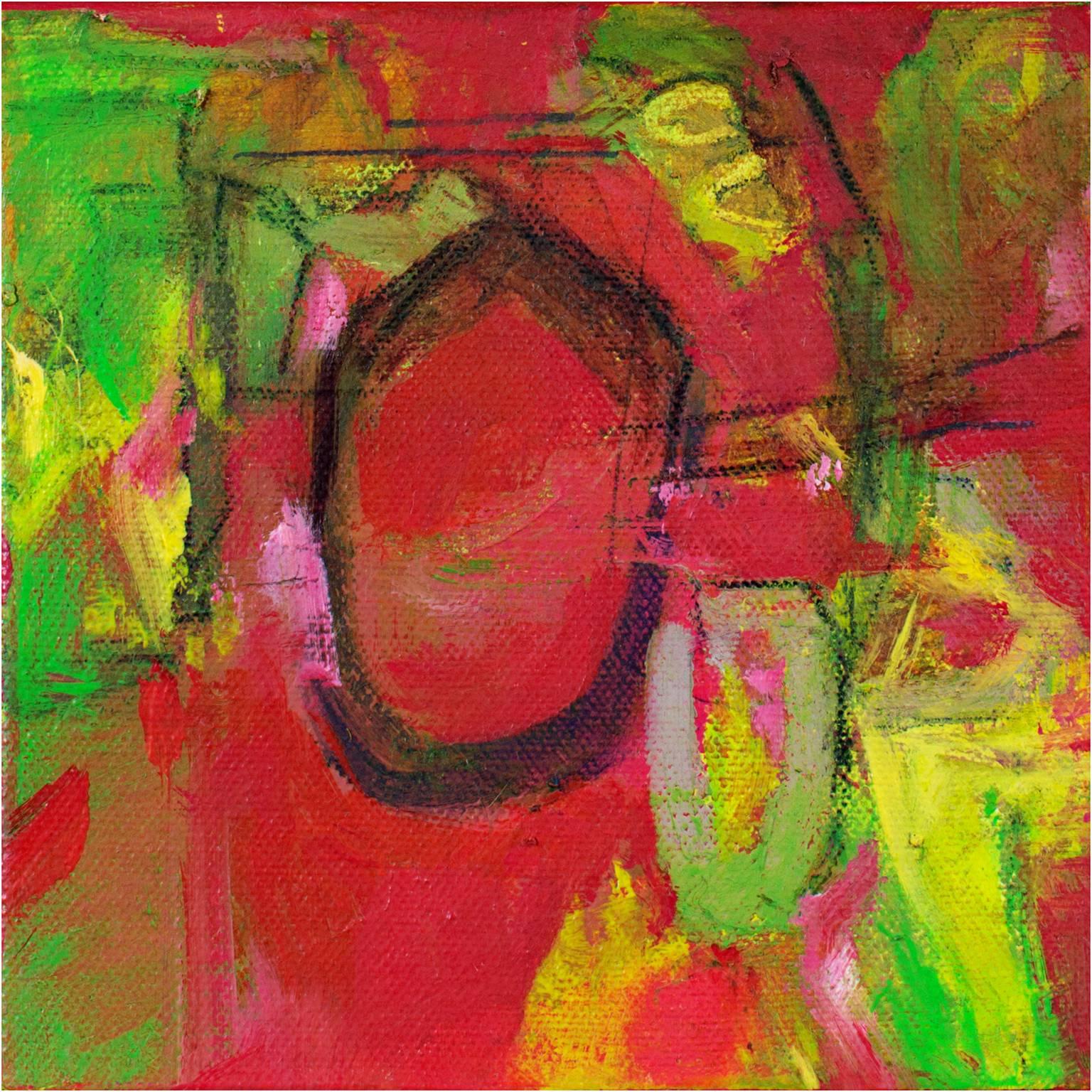 "Jam Session III" is an original oil painting on canvas by Alayna Rose. This painting features a variety of abstract marks in bright green and yellow over a bright pink background. The David Barnett Gallery has the other two paintings in this