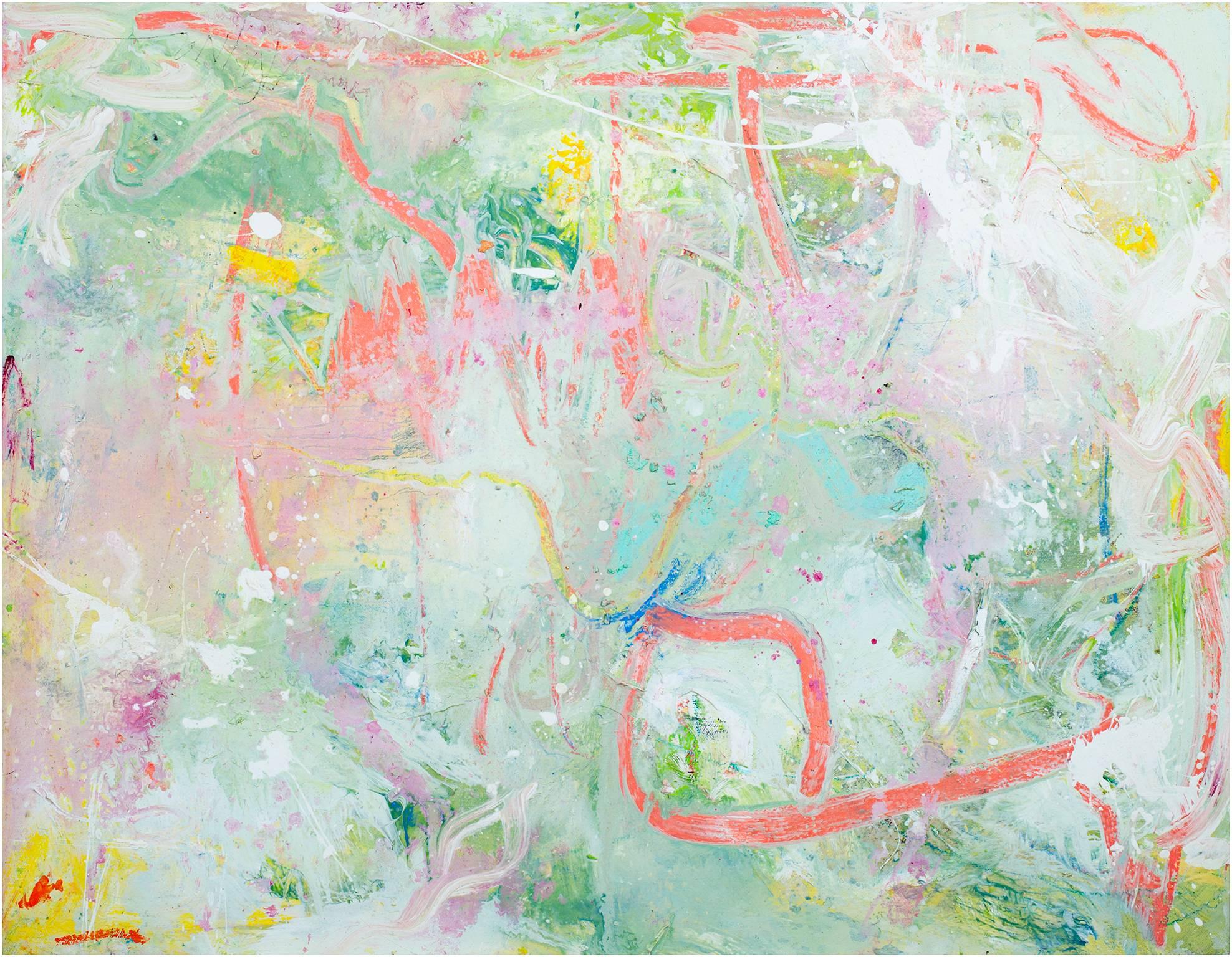 "Into the Sun II" est une peinture à l'huile originale sur toile d'Alayna Rose. Il présente une variété de marques abstraites dans des couleurs pâles. Les marques roses expressives semblent nager dans les bleus et verts froids de