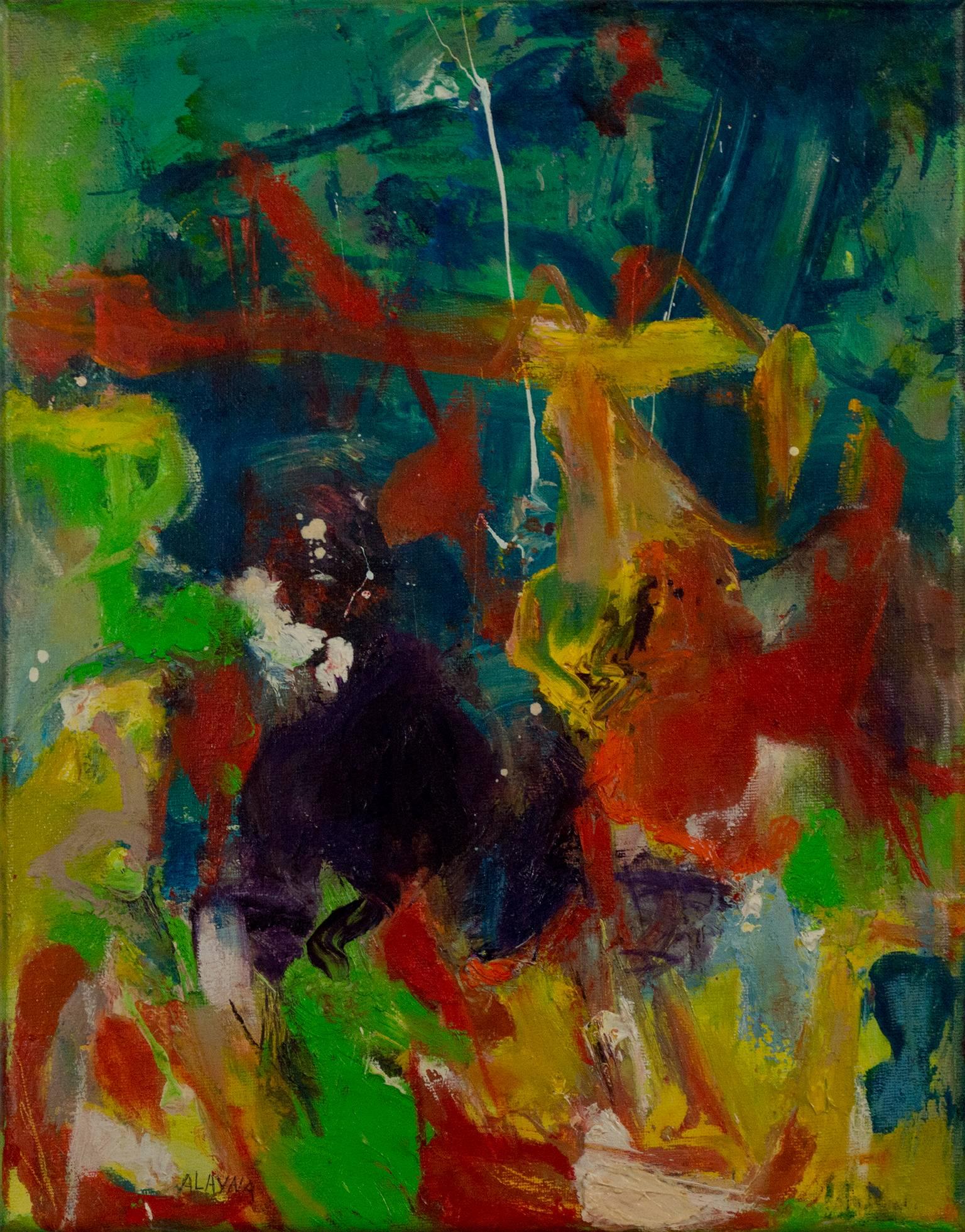 "Gypsy Wind I" est une peinture à l'huile originale sur toile d'Alayna Rose. L'artiste a signé le tableau en bas à gauche. Cette peinture présente une variété de marques abstraites en vert, jaune, violet, rouge et bleu. La galerie David Barnett met