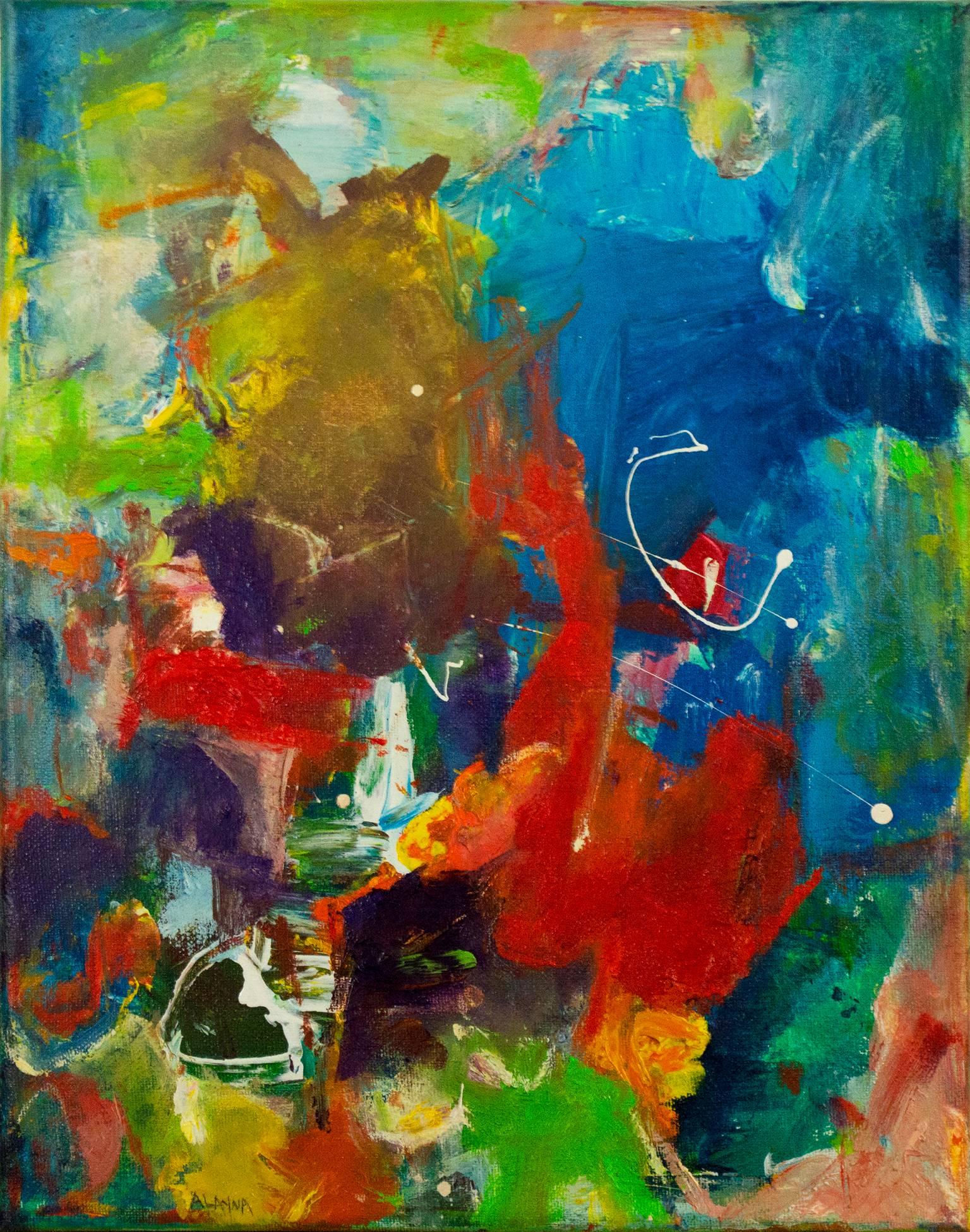 "Gypsy Wind II" est une peinture à l'huile originale sur toile d'Alayna Rose. L'artiste a signé le tableau en bas à gauche. Cette peinture présente une variété de marques abstraites en vert, jaune, violet, rouge et bleu. La galerie David Barnett met