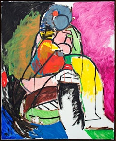 Grande peinture de portrait de femme abstraite moderne des années 1990, signée