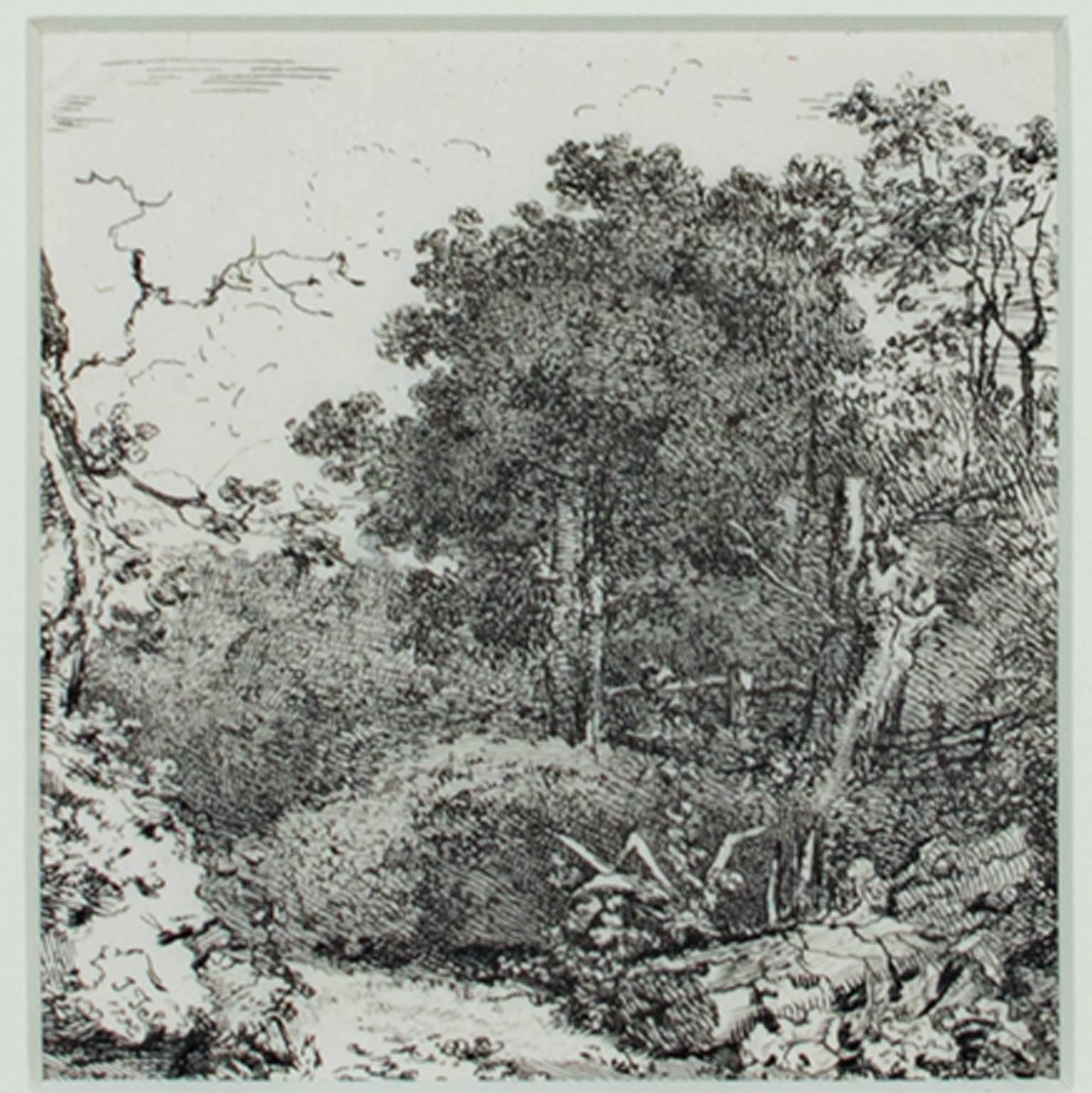 "Forest Glen" ist eine Originalradierung von John Thomas Smith. Das Stück wurde in der Platte paraphiert. Es zeigt einen kleinen Eingang zu einem üppigen Wald. 

3 5/8" x 3 1/2" Kunst
12 7/8" x 12 3/4" Rahmen

John Thomas Smith (1766-1833) wurde als