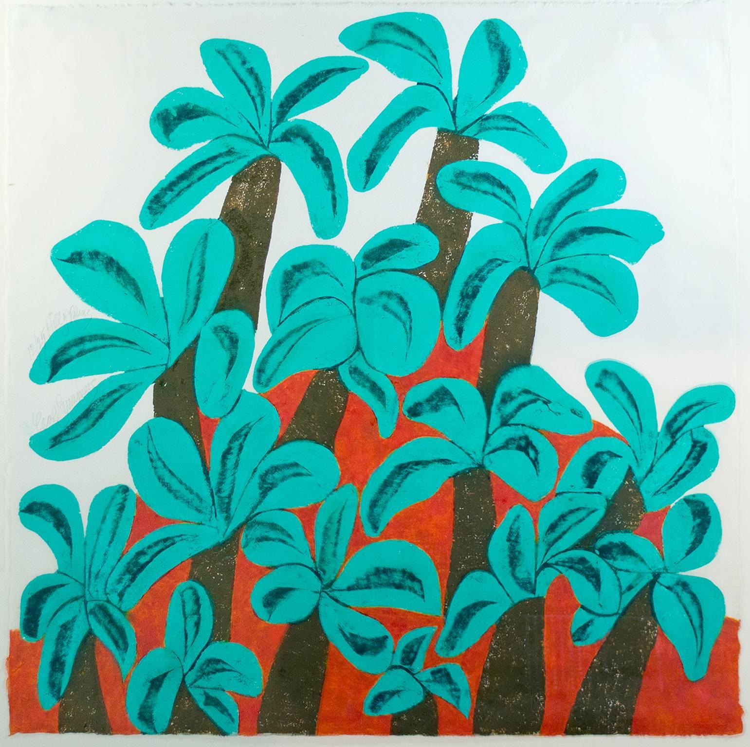 Carol Summers Landscape Print - "Hill of Palms, " Tropical Color Woodcut signed by Carol Summer