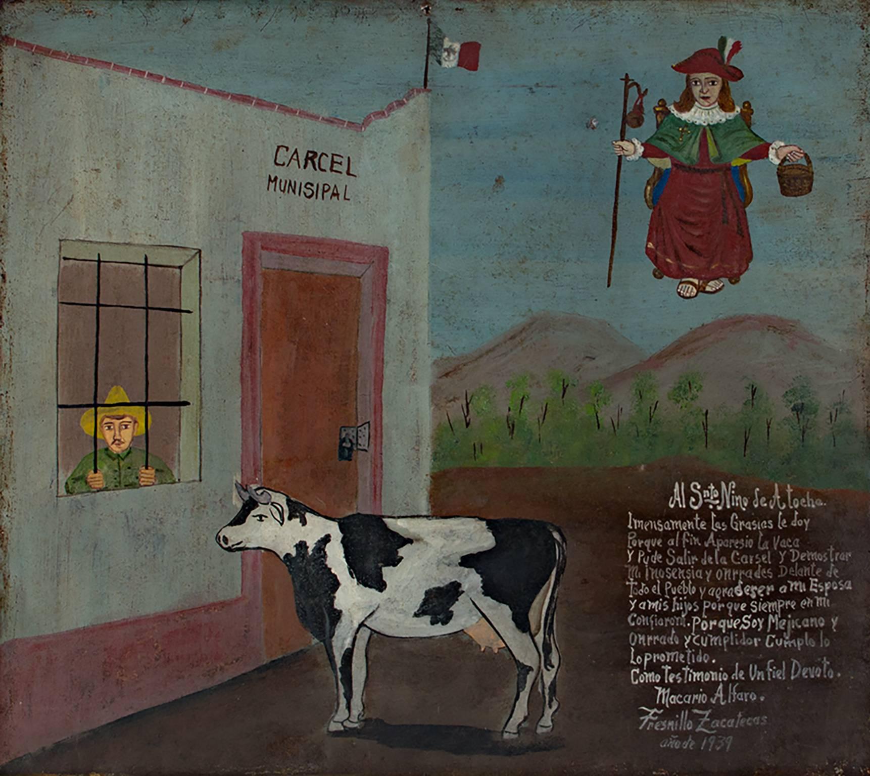 Macario Alfaro Figurative Painting – "Retablo Exvotos (Peasant Released from Jail by Cow), " Oil on Tin signed