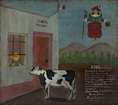 Vintage "Retablo Exvotos (Peasant Released from Jail by Cow), " Oil on Tin signed