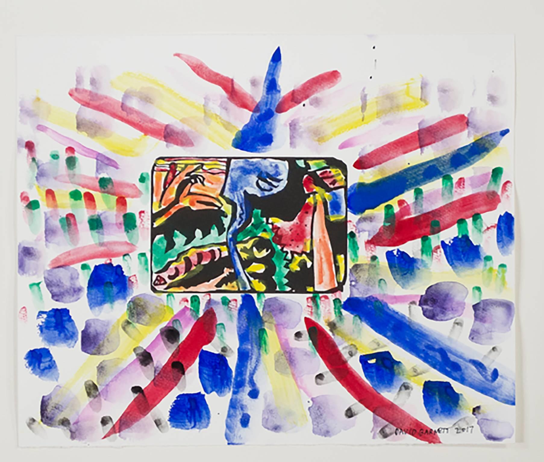 "Berühmte Künstler Serie: Hommage an Wassily Kandinsky nach 1911 "Improvisation 5" (seitenverkehrt) Holzschnitt aus Klange (Sounds) Ser." ist ein Original Aquarell in Mischtechnik auf Papier von David Barnett. Der Künstler hat das Werk unten rechts