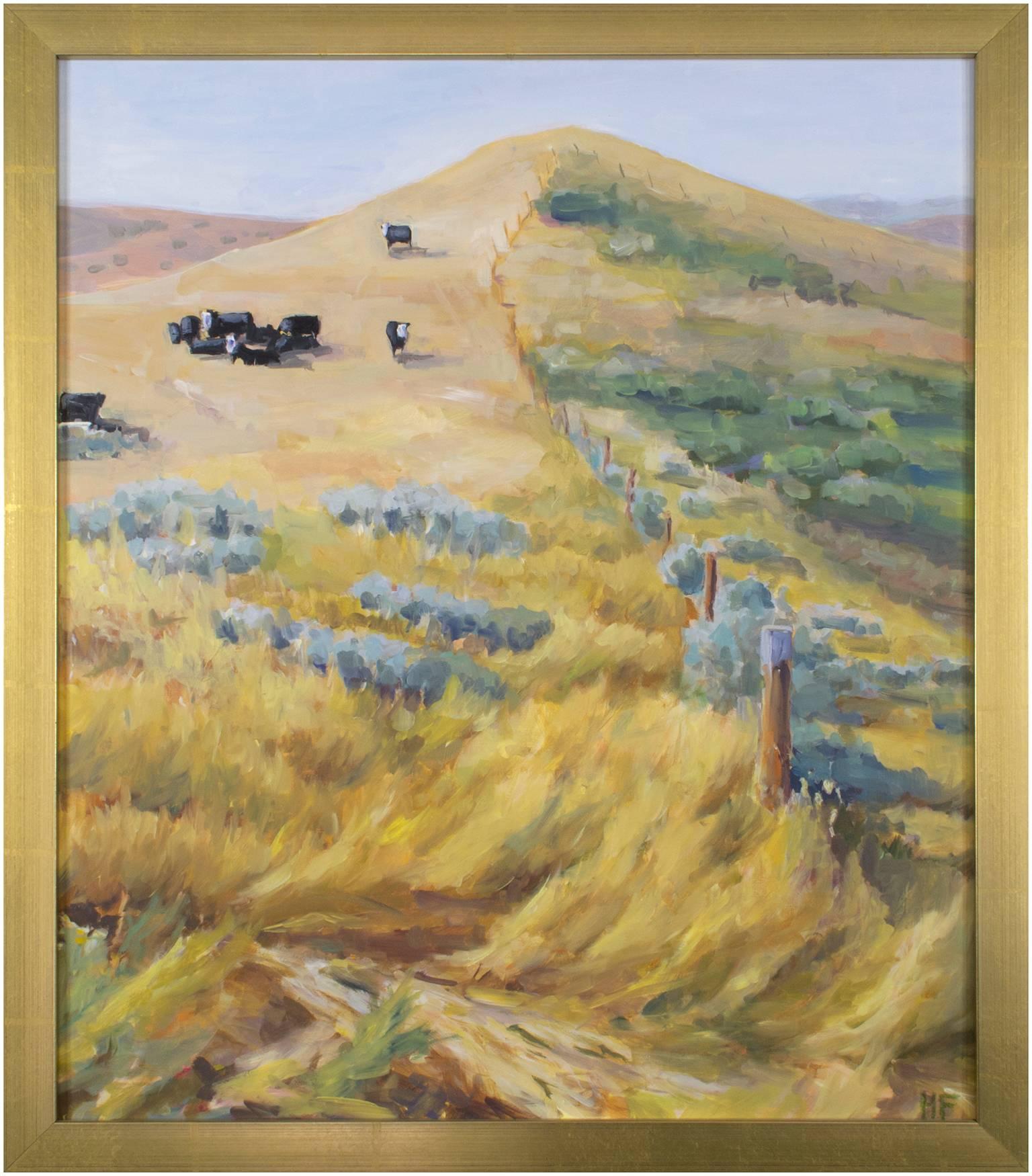 "Sheridan Herd" ist ein Original-Ölgemälde auf Masonit von Heather Foster. Der Künstler hat das Werk unten rechts paraphiert. Dieses Gemälde zeigt eine Kuhherde auf einer gelben, hügeligen Wiese. 

24 1/8" x 20 1/8" Kunst

Die Malerin Heather Foster