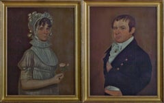 Diptyque du XVIIIe siècle, portraits d'un homme et d'une femme, robe de soirée américaine, fleur.