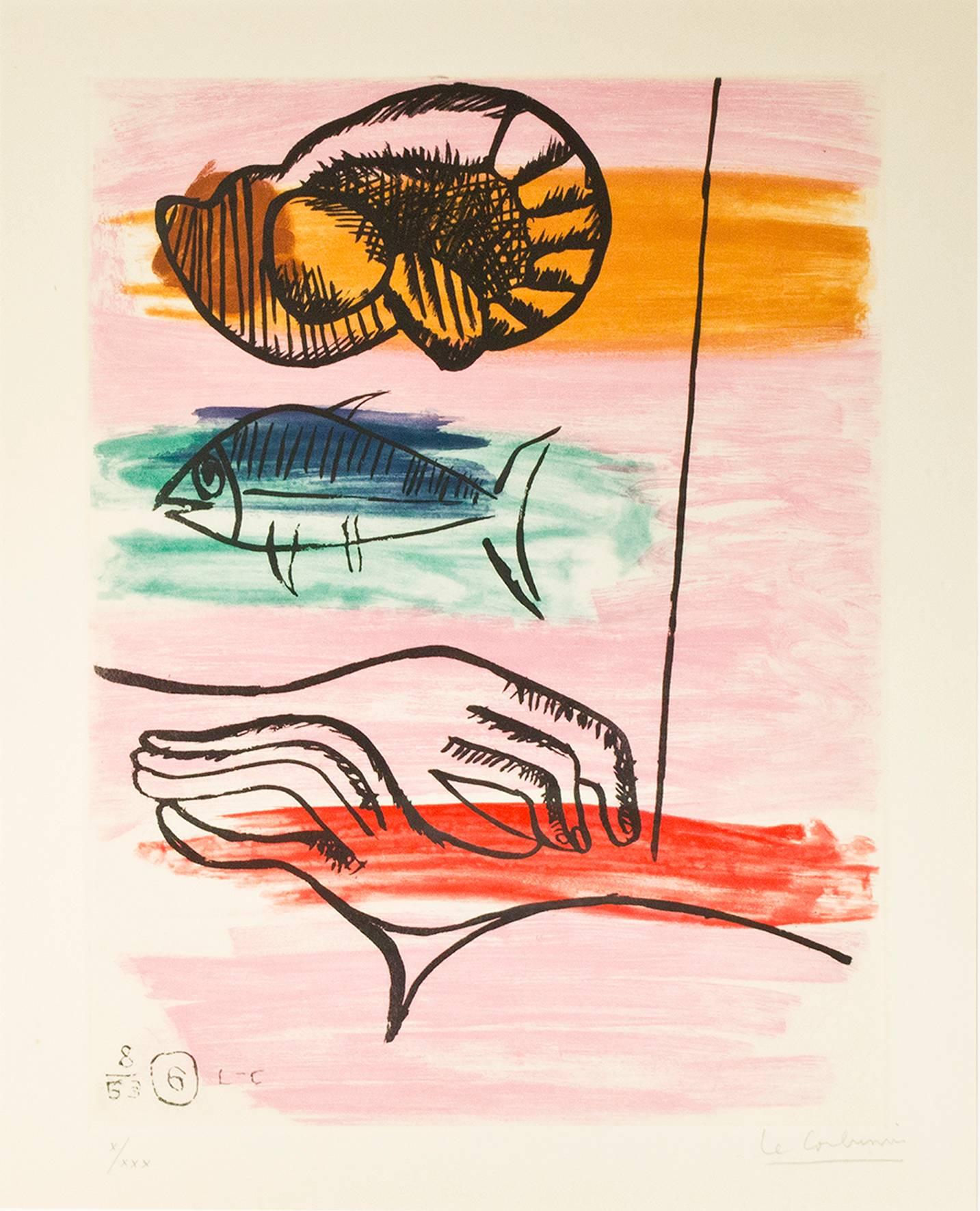 "Der Fang (Les Mains du Pecheur)" ist eine Original-Farbaquatinta von Le Corbusier. Der Künstler hat das Werk rechts unten signiert und links unten die Nummer der Auflage, 10/30, eingetragen. Dieses Stück zeigt zwei Hände und zwei Meerestiere auf