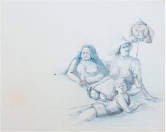 "Tre figure con palloncini di maiale", disegno a matita firmato da Thomas Smith