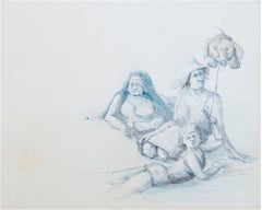 « Trois personnages avec un ballon de porc », dessin au crayon signé par Thomas Smith