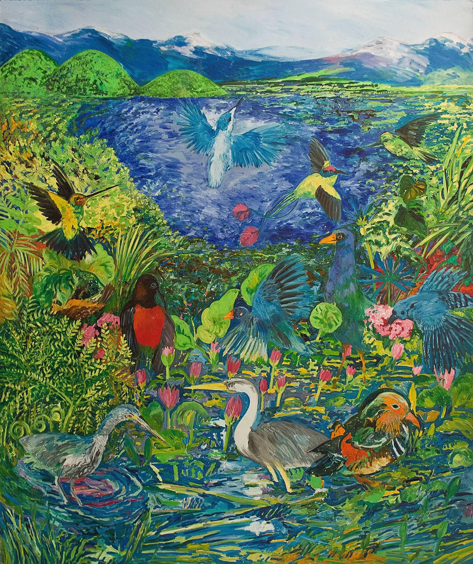 "To Eternity" is an original oil painting on canvas by Hunt Slonem. The artist signed the piece on the back of the canvas. It depicts a number of exotic birds in a tropical and lush oasis. The colors are bright and the brushstrokes are expressive,