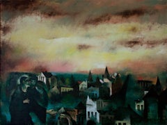 "Il Santo della città in fiamme", olio su tela firmato da Raymond Breinin