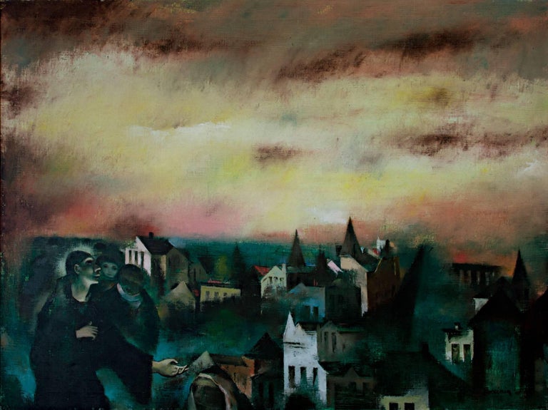 "The Saint of the Flaming City" is an original oil painting on canvas by Raymond Breinin. It depicts a group of figures looking over an abstracted and green city as the colors of fire rage through the sky. The artist signed and dated the piece in