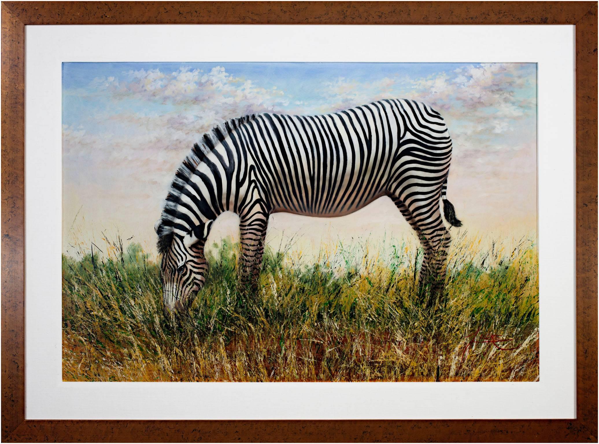 Pintura al óleo contemporánea realismo cebra hierba paisaje firmada - Animal Painting Negro de Lucre Chura