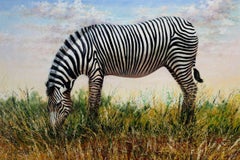 Contemporary Ölgemälde Realismus Zebra Gras Landschaft unterzeichnet